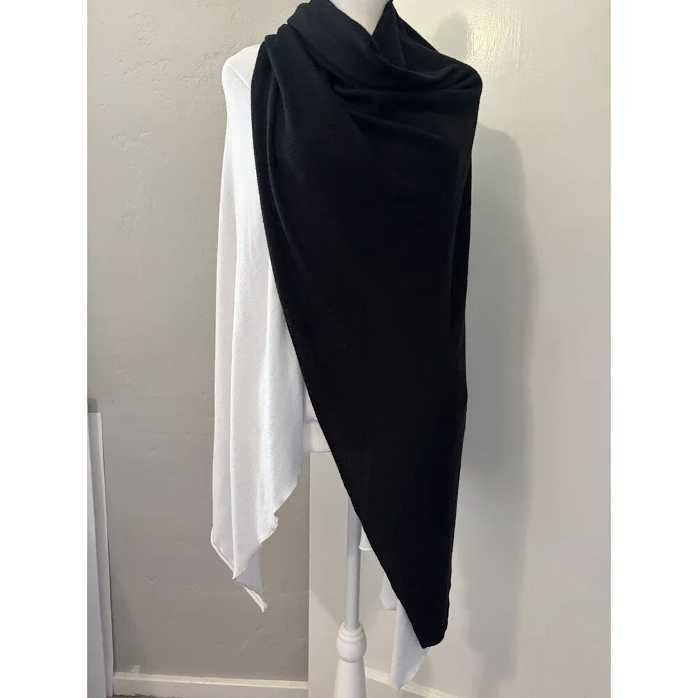 Black White Colorblock Poncho Cape Shawl Wrap Viscose Blend Travel Airplane OS